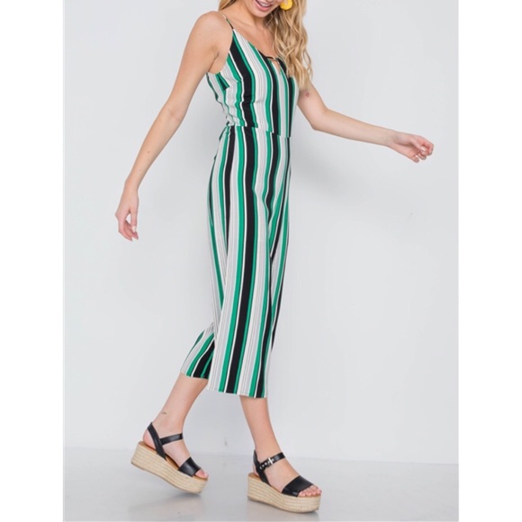 GREEN STRIPE CAMI WIDE LEG CAPRI JUMPSUIT - Picture 3 of 6